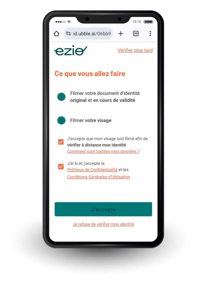 Application Ezio ecran de connexion sms